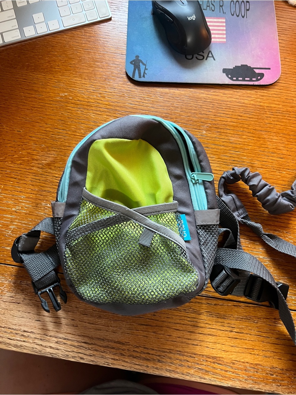 Kids Small Gray Backpack with Lime Interior and Teal Trim